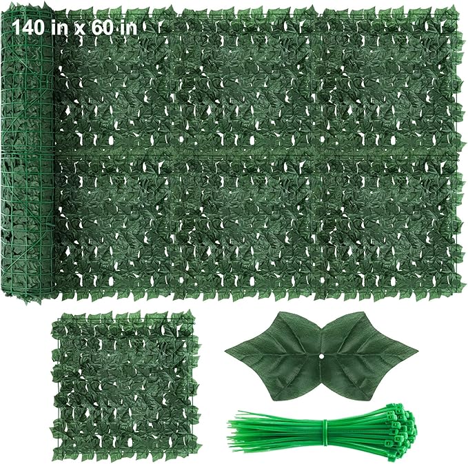 QIAOKAIYAN Artificial Ivy Privacy Fence Screen - 140''(L) x 60''(W) Greenery Wall Panels for Outdoor Fence, Balcony, Patio or Garden Decor, Dense Green Backdrop Panel, Faux Grass Panels with Zip Ties
