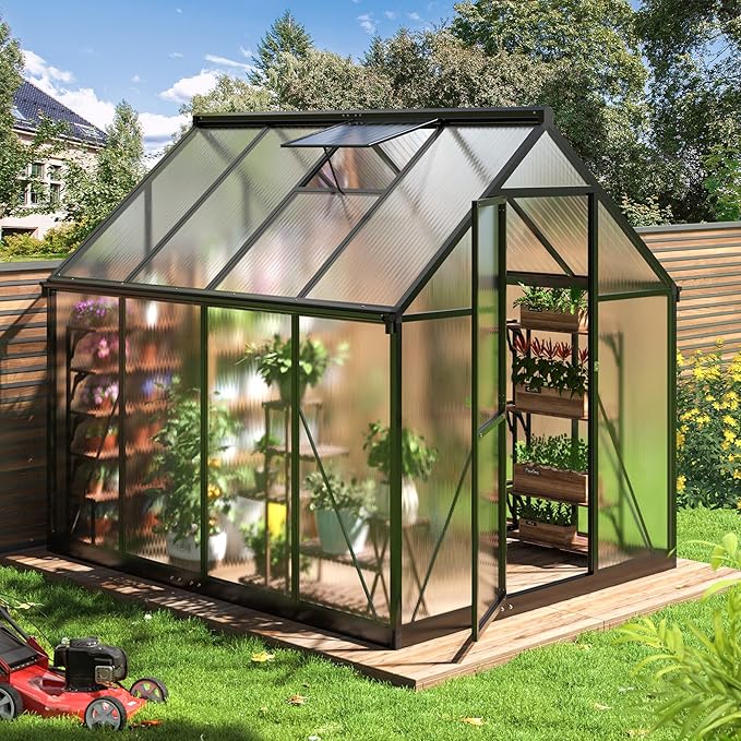 WKM 5.8x7.3 FT Greenhouse for Outdoors, Quick-fit Structure Polycarbonate Greenhouse with Window for Ventilation, Walk-in Aluminum Green House for Outside Garden Backyard, Black