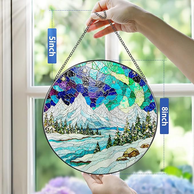 8-Inch Stained Glass Ornament, Stained Glass Window Hanging, Window Hanging Decor Suncatcher, Mountain Landscape Ornament | Holiday, Mother’s Day, Birthday | Gifts for Nature Lovers, Friend & Family