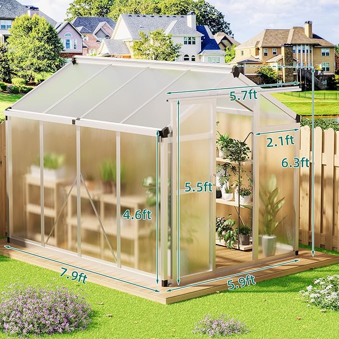 6x8 ft Greenhouse, Aluminum Frame & Polycarbonate Panel Greenhouse for Outdoors, Green House with Adjustable Roof Vent & Lockable Door, Durable Walk-in Green Houses for Backyard, Patio, Lawn