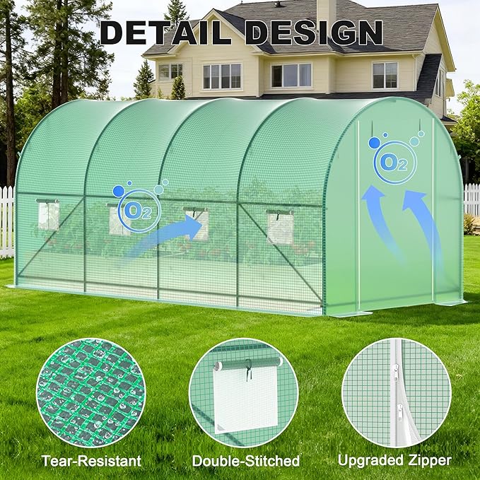 Greenhouses for Outdoors, Walk-in Green Houses for Outside Heavy Duty, Large Greenhouse with 8 Ventilated Screen Windows & 2 Roll-up Doors & Reinforced Frame (15×7×7 FT with Irrigation System)