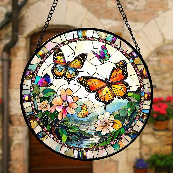 DASTOLL Stained Glass Window Hanging, Butterflies Flying in The Sky Suncatcher for Doors Home Sun Catchers Decoration and Christmas, Mother's Day Birthday Gifts for Women, Men, and Mom 6.3 in