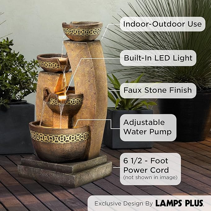 Four Bowl 41 1/2" High Large Zen Indoor Outdoor Decor Faux Stone Floor Fountain with Light LED Waterfall Cascading Standing Water Feature for Outside Garden Patio Yard Backyard - John Timberland