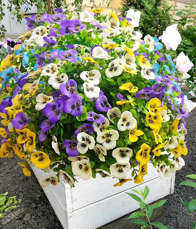 Thinktral Artificial Flowers for Outdoors Fake Plants, 14 pcs Fake Flowers Artificial Plants Outdoor UV Resistant, Silk Faux Flowers Shrubs Greenery Plants for Porch Garden Patio Window Box Decor