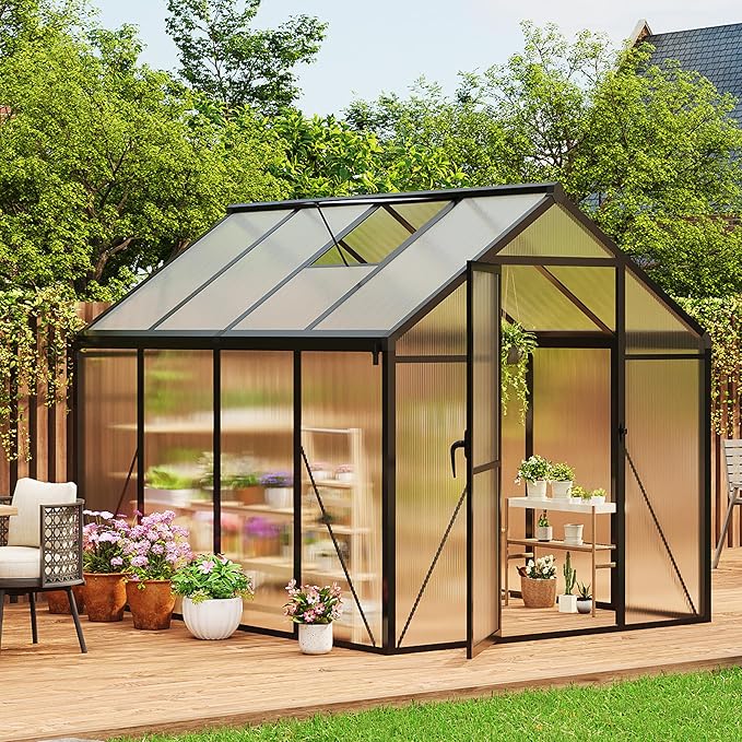 6X8 FT Outdoor Polycarbonate Greenhouse, Sturdy Aluminum Frame, Adjustable Roof Vent, Ideal for Backyard, Patio, or Garden, All-Weather Green House for Growing Plants and Vegetables