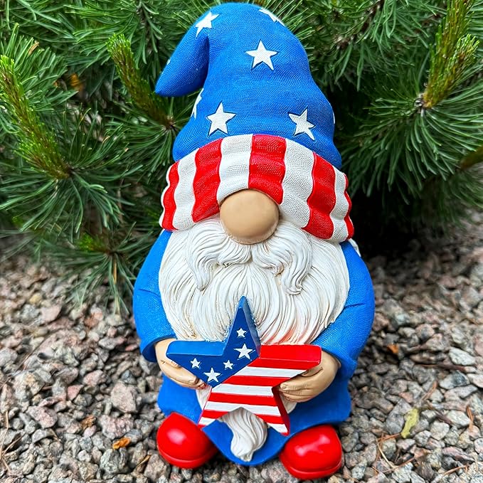 Mood Lab Garden Gnome - USA Patriotic Gnome Figurine - 9 Inch Tall Lawn Statue - for Outdoor or House Decor