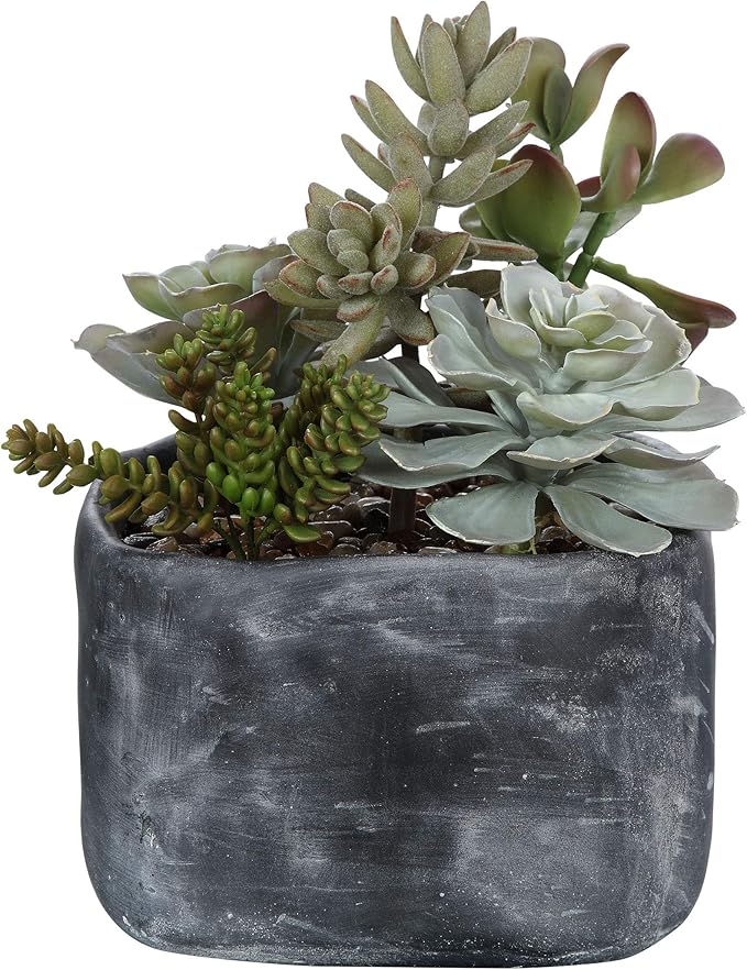 MY SWANKY HOME Contemporary Large Desert Succulent Faux Floral Charcoal Gray Concrete Planter