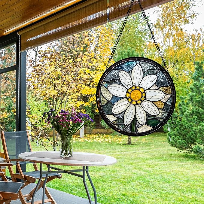 HWRHTR Stained Glass Window Hanging - Yellow White Daisy Birth Flower Suncatcher for Door Garden Yard Sun Catchers Decor Christmas Mother's Day Birthday Gifts for Teacher Women Mom Nana 9.8 in