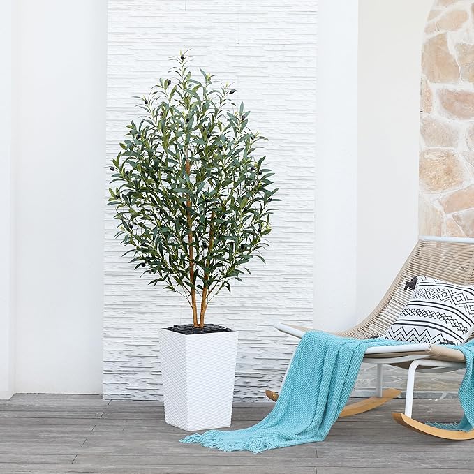 VeriNatural Artificial Olive Tree 5FT - Tall Faux Olive Trees with Natural Wood Trunk, Silk Leaves, White Taper Planter & Pebbles, UV Resistant Fake Plants Indoor for Home Decor, Office,Outdoor,VN131