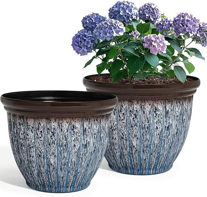 Ultym 15" D Large Flower Pots, 2-Pack Big Planters for Indoor Outdoor Plants, UV-Protect PP Container for Garden Patio Yard Balcony Porch or Home Decor, Artistic Floating Blue & Brown Glaze