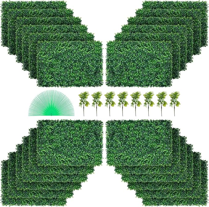 VEVOR 24PCS Artificial Boxwood Panels, 24 x 16 in 1.6 in Sun Protected Boxwood Hedge Wall Panel, Green Fake Grass Backdrop Wall for Privacy Fence Decor Indoor Outdoor Garden Backyard