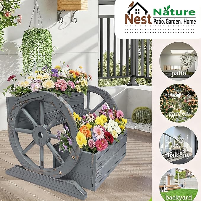 NestNature Wooden Wagon Planter Box,Raised Garden Bed,Decorative Garden Planters with Wheels-Outside Flower Pots for Indoor/Outdoor Décor Plants (Antique Gray)