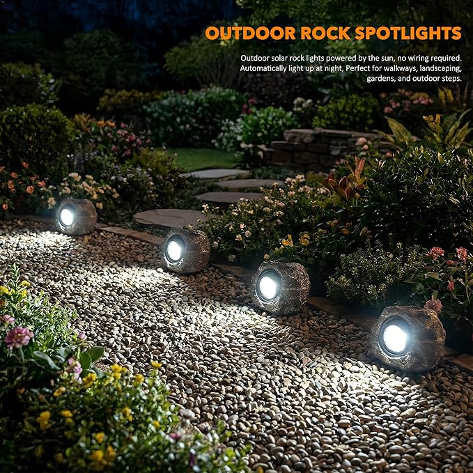 Solar Garden Rock Lights Outdoor - IP65 LED Waterproof Solar Spotlight, Solar Powered Landscape Path Decorative Garden Stone Lights for Pathway, Walkway, Yard, Patio (4 Pack)