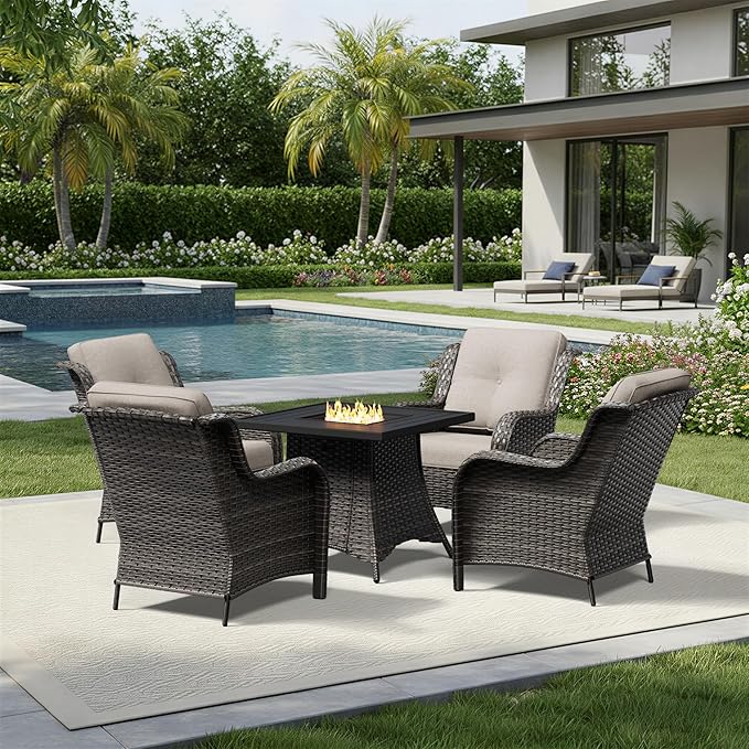 Joyside 5 Piece Wicker Patio Furniture Set with Fire Pit Table, Rattan Patio Chairs with High Back, Deep Seating, Wide Armrest, Thickened Cushions, Outdoor Furniture for Deck, Porch Use