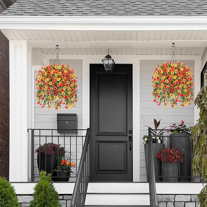 HyeFlora Artificial Hanging Flowers Basket for Outdoor, Fake Flowers Faux Plants Look Real for Yard Gardens Porch Patio Home (Orange+Yellow)