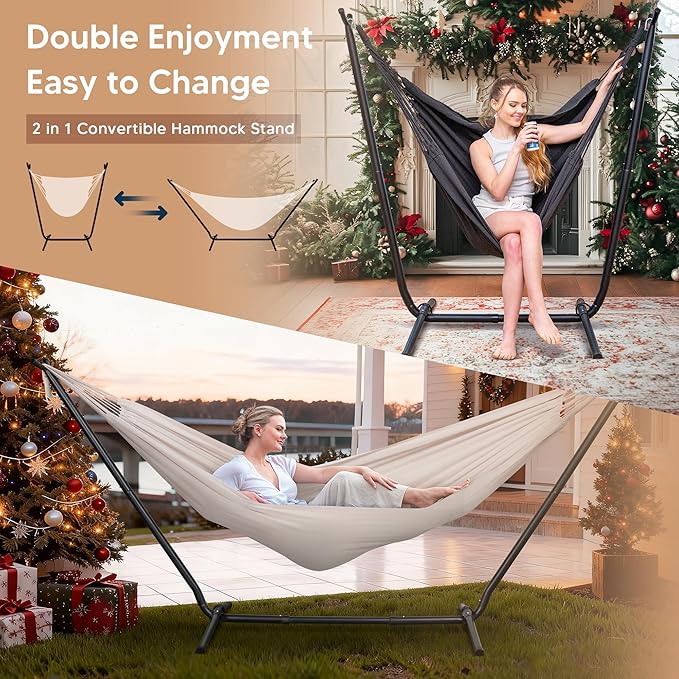 SUNCREAT 2-in-1 Hammocks Convertible Portable Double Hammock with Stand, Outdoor Hammock with Stand Included, Patented, Natural
