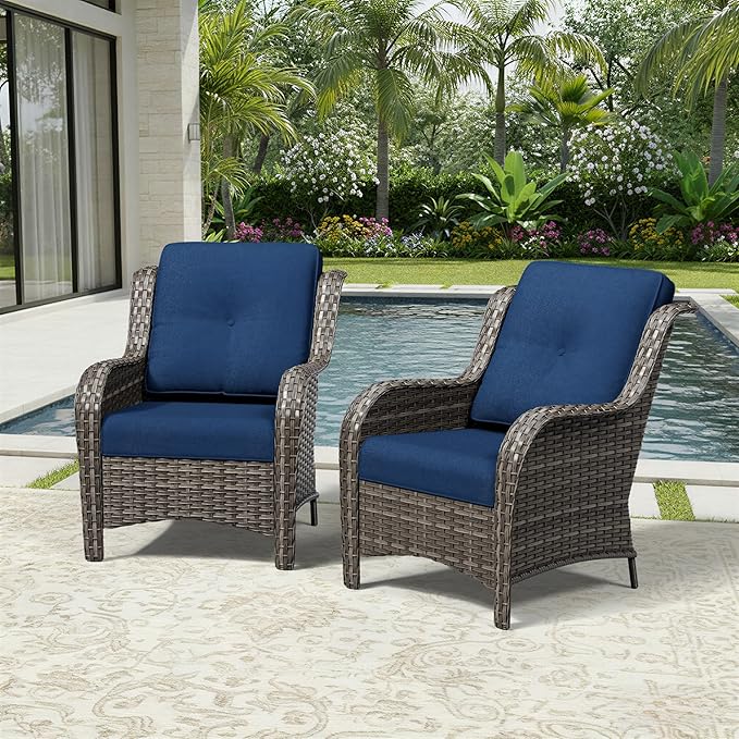 Joyside Patio Chairs Set of 2, Wicker Patio Furniture with High Back, Deep Seating, Wide Armrest, Thickened Cushions, Outdoor Rattan Furniture for Deck, Porch Use