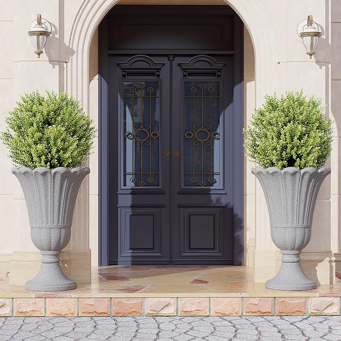 seethmi 23" Tall Planters for Outdoor Plants Set of 2, Planter with Drainage Holes and Petal Design, Large Outdoor Planters for Porch, Garden, Indoor, Grey