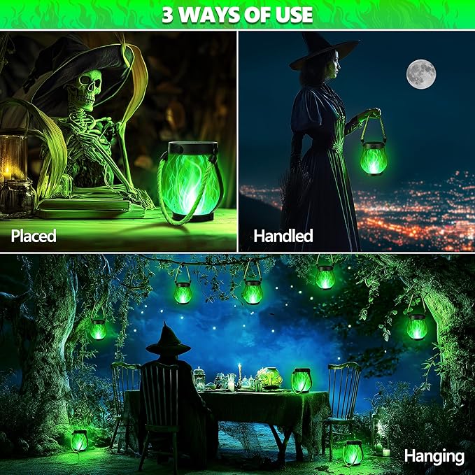 iBaycon 1 Pack Solar Lanterns Lights, Halloween Flickering Flame Garden Lights with 2 Modes Dual Charging USB & Solar, Outdoor Waterproof Hanging Lantern for Party Holiday Halloween Decor (Green)