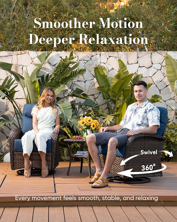 Belord Upgraded 6“ Cushion Luxury 11 Piece Patio Furniture Set - Wicker Outdoor Conversation Set with Swivel Rocker Patio Chairs, High Back Outdoor Furniture for Deck Porch Yard - Brown/Blue
