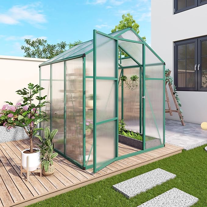 6x6 FT Greenhouse,Outdoor Greenhouse W/ Roof Vent,Walk-in Aluminum Polycarbonate Green Houses W/ Drainage System & Ground Nails,for Outside Garden,Backyard,Patio,Lawn,Green