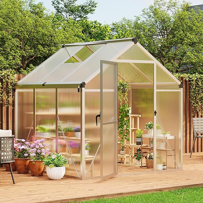 6X6 FT Greenhouse for Outdoors, Polycarbonate Flower Greenhouse with Roof Vent, Push-Pull Lockable Door, Aluminum Walk-in Greenhouses for Outside Garden Backyard, Patio, Lawn, Silver