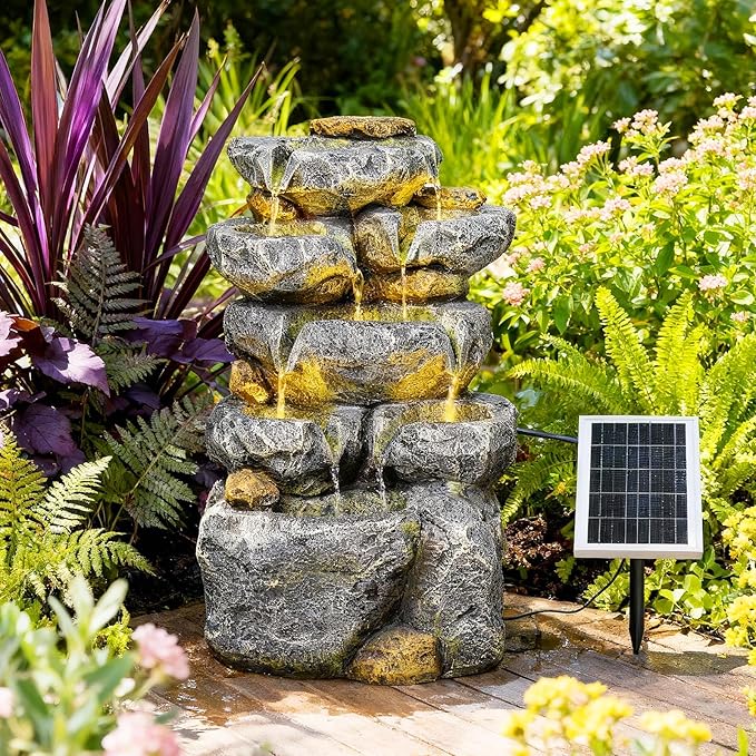 Solar Water Fountain Outdoor Garden, 24" H Cascading Stone Design 5 Tier Rock Feature Outdoor Fountains Waterfalls with Light, Pump Solar Panel for Patio, Deck, Porch, Backyard Home Décor