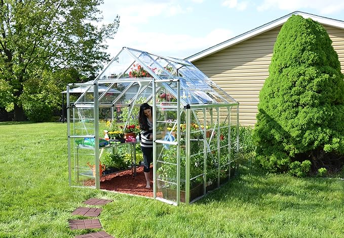 Palram - Canopia Snap & Grow 8 Ft. x 8 Ft. Greenhouse Kit Hobby DIY Walk in Green House Heavy Duty Polycarbonate, Aluminium Frame, with Lockable Door and Vent for Outdoors, Garden, Backyard in Silver