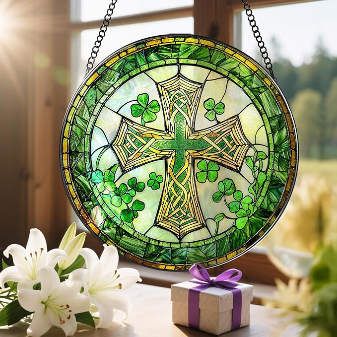 8'' St. Patrick's Day Cross Stained Glass Suncatcher Ornament, Stained Glass Window Hanging, Irish Decor, Patrick Day Decor, Irish Shamrock Gift, Cross Gifts, Religious Gifts, Christian Gift