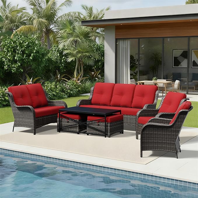 Joyside 7 Piece Wicker Patio Furniture Set, Rattan Patio Chairs with High Back, Deep Seating, Wide Armrest, Thickened Cushions, Outdoor Furniture for Deck, Porch Use