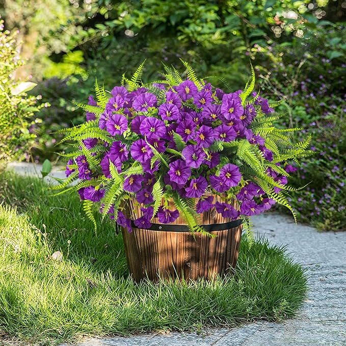 HIAGROW Spring Artificial Flowers Outdoors 12 Bundles Artificial Petunias Fake Flowers UV Resistant Shrubs Plants with Fern for Indoor Outside Hanging Planters Home Garden Decorations (Light Purple)