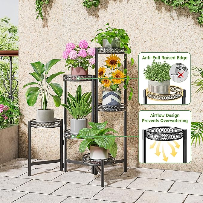 NQW 6 Tier Large Plant Stand Indoor with 7.9-Inch Wide Drainage Tray, Tiered Corner Metal Outdoor Flower Display Holder Shelf, Folding Tall Rack for House Patio Porch Balcony Graden - BlackFlower