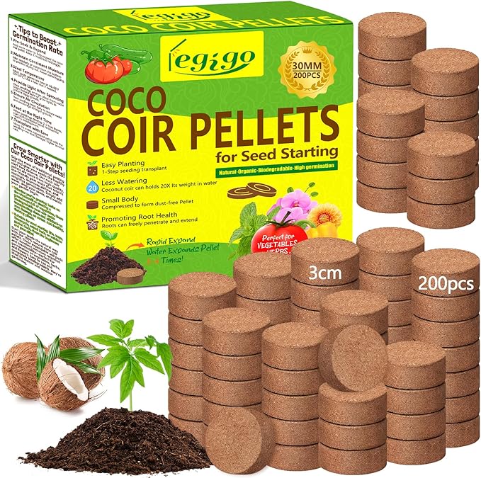 Legigo 200 Pcs 30mm Coco Coir Pellets Seed Starter Soil Mix- Organic Coconut Coir Potting Soil Pods for Seedling, Coco Peat Soil Discs for Indoor & Outdoor Plants Bonsai Herbs Vegetables and Flowers