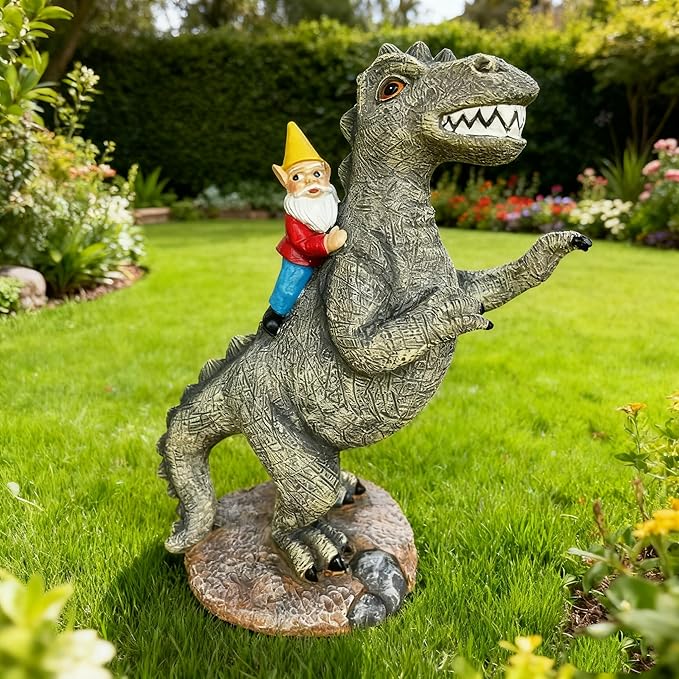 Slo y en i a Funny Garden Gnome Riding Dinosaur Statue - Resin Outdoor Decor for Yard,Patio,Lawn - Whimsical Dinosaur Sculpture Gift for Garden Lovers
