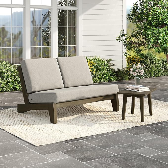 Patio Loveseat, Outdoor Wooden Bistro Set, All Weather Conversation Solid Wood Loveseat with Soft Cushions for Porch Balcony Deck Backyard
