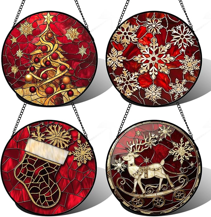DASTOLL Stained Glass Window Hanging 4 Pcs Set Red Christmas Elk Snowflakes 6.3" - Deer Suncatcher Door Garden Sun Catcher Decor Birthday for Mom Woman Nana Men Friend