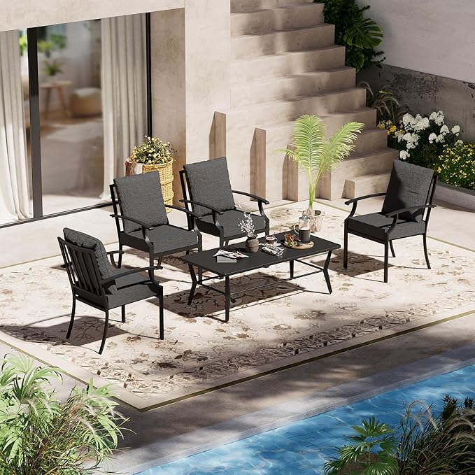 5-Piece Patio Furniture Set, Outdoor Table and Chairs with Rectangular All-Iron Coffee Table and 4 Chairs with Thick Cushions, Patio Conversation Set for Backyard, Balcony and lawns,Grey
