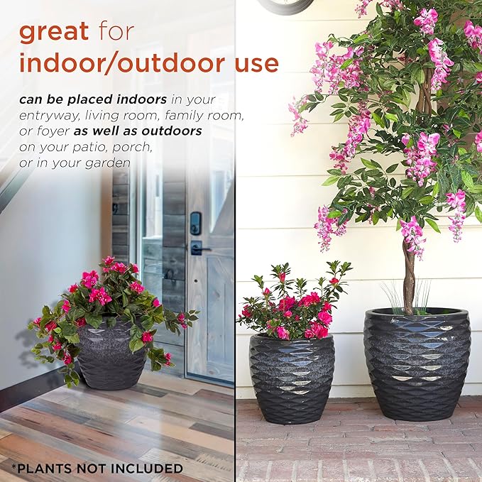 Alpine Corporation Indoor/Outdoor Embossed Wave Planters with Drainage Holes, Speckled Gray (Set of 2)