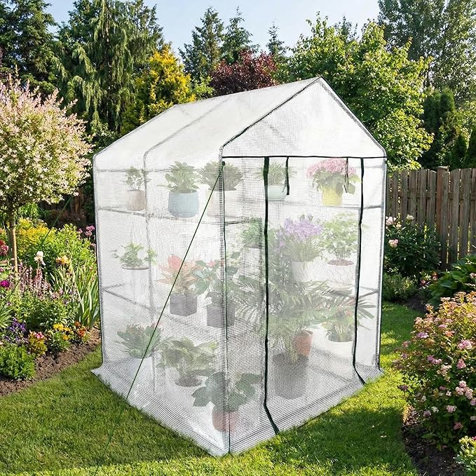 Walk-in Greenhouse for Outdoors, Small Green House Outdoor with 3-Tier Shelves, Roll-Up Zippered Door & Mesh Window, All-Season Plant House for Vegetables Herbs Flowers for Patio Backyard Gardening