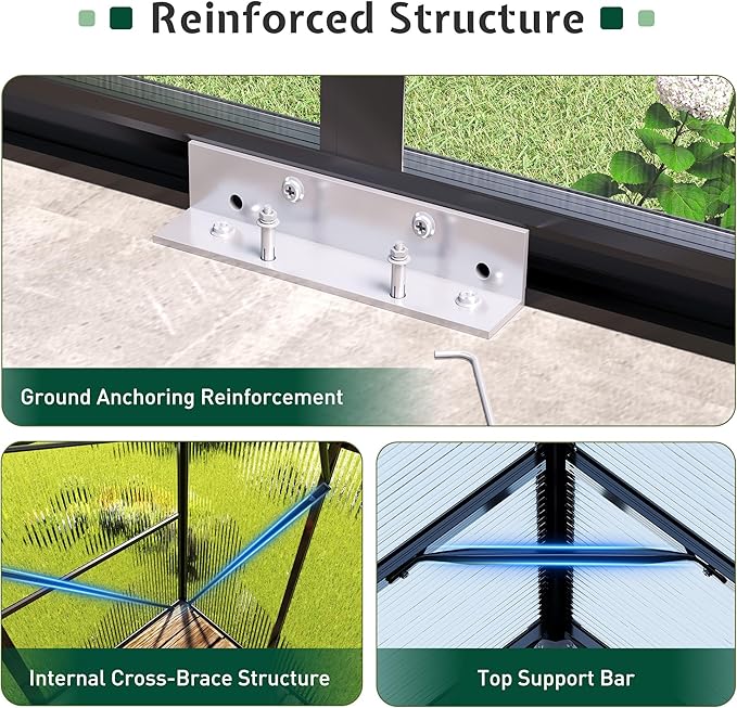 Jocisland 8x10Ft Polycarbonate Greenhouse, Heavy Duty Aluminum Frame with 2 Windows & Swing Doors, Outdoor Garden Greenhouses for Backyard, Black