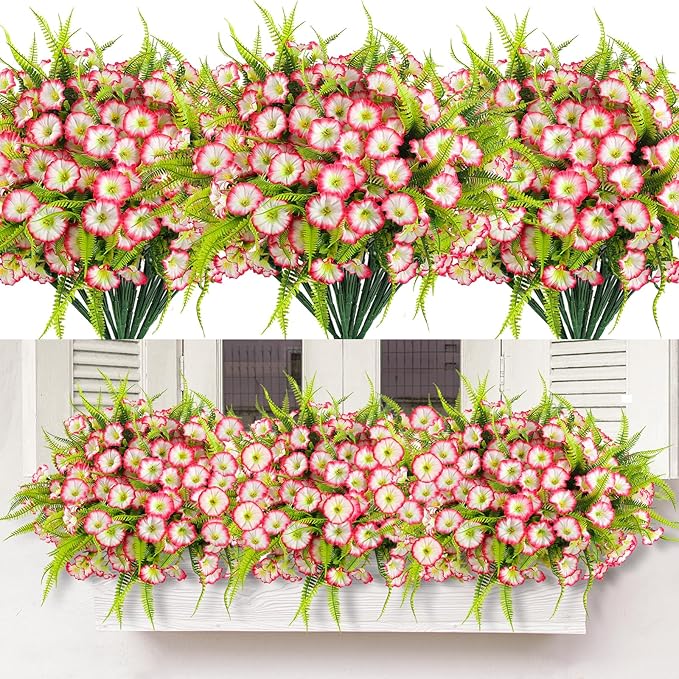 HIAGROW Artificial Flowers Outdoors 12 Bundles Pink Artificial Petunias Fake Flowers UV Resistant Shrubs Plants with Fern for Indoor Outside Hanging Planters Home Garden Summer Decorations