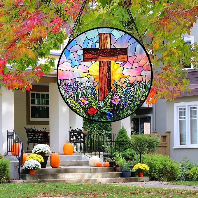 JOSUMALY Christian Gifts for Women - Cross Stained Glass Window Hanging Jesus Easter Colorful Wildflowers Sun Catcher Garden Religion Decor Mother's Day Catholic Gift for Men Grandma Mom Her 15"