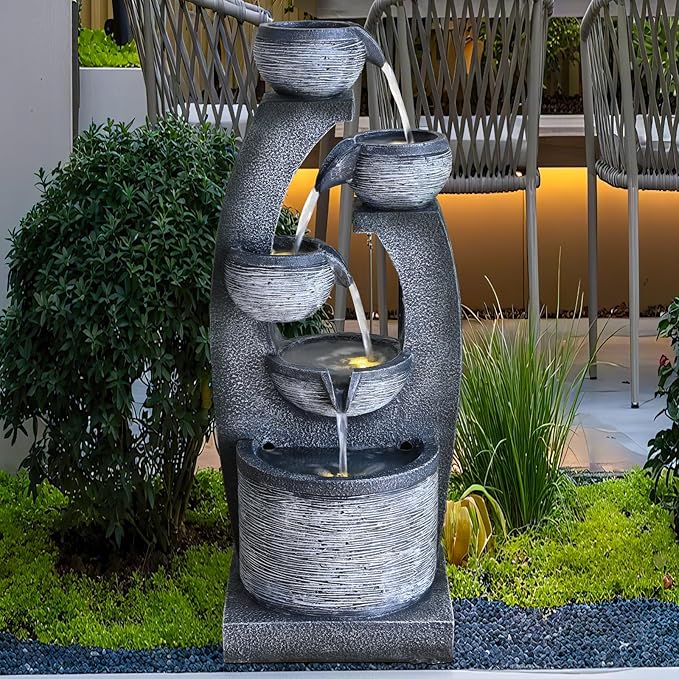 Qingyinge 33' H Modern Outdoor Fountain Resin Outdoor Garden Fountains with Contemporary Design LED Light for Garden, Patio, Deck, Porch, Backyard and Home Art Decor