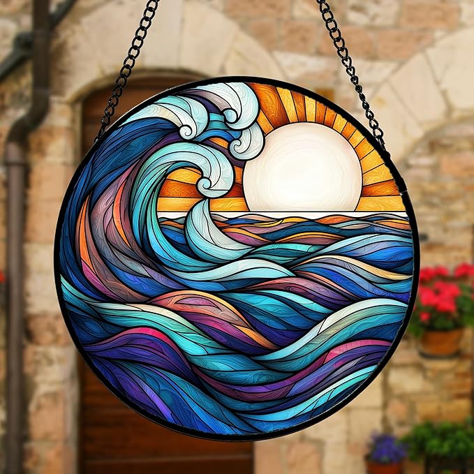 DASTOLL Stained Glass Window Hanging, Big Wave Sun Suncatcher Diamond Glass Panel Hangings Abstract Sun Catchers Decor for Birthday for Women, Men, Wife, Aunt,and Mom 6.3X6.3IN