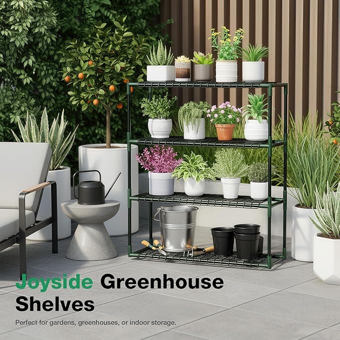 Joyside Outdoor Plant Shelves, 4 Tier 2 Pack Metal Stable Greenhouse Shelving for Home, 34x12x40 Inch Portable Plant Shelf Greenhouse Accessories (4 Tier)