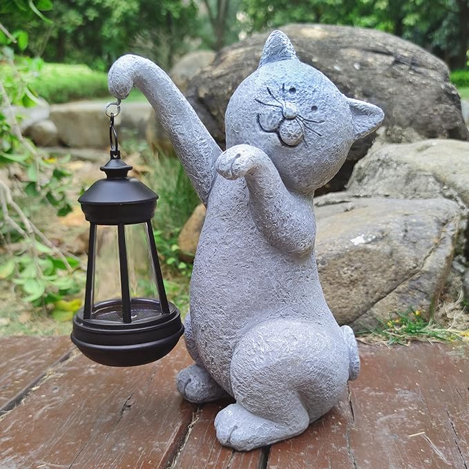 Qobumy Cat Solar Garden Statues,Resin Cat Figurine Decorations with Solar Lights Lantern, Outdoor Figurines Lawn Cats Statue Decor Art for Lawn,Yard, Balcony Ornament,Gift for Garden Home Mom.