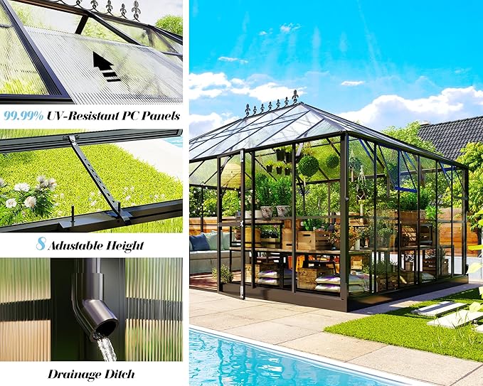 Jocisland 16x12x9.5 FT Polycarbonate Greenhouse with Clear Panels- 6 FT Wall Height Walk-in Greenhouse with 4 Vents, Double Doors with Hook, Outdoor Aluminum Greenhouses for Backyard Garden
