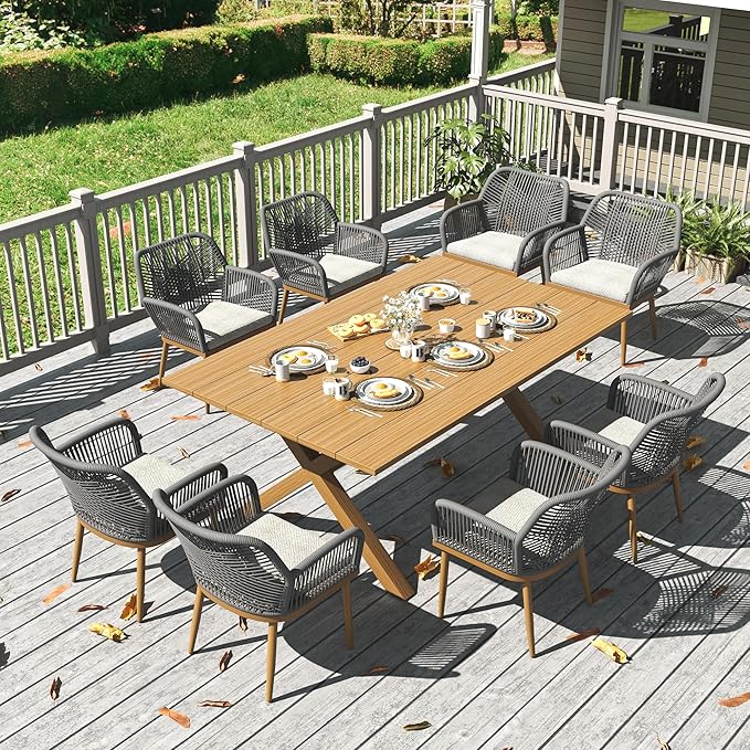 LayinSun Outdoor Dining Set for 8, 9 Pieces Patio Furniture Sets with Aluminum Dining Table and Rope Weave Chairs