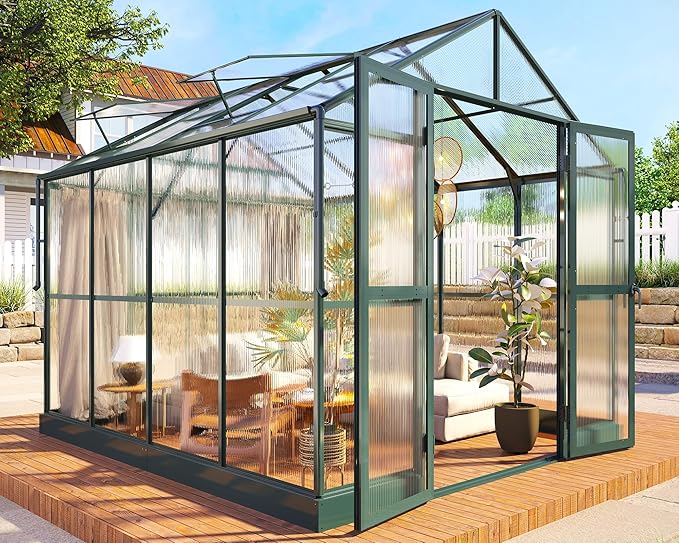 Jocisland 7.5x7.6x7.4 FT Outdoor Aluminum Polycarbonate Greenhouse with Ventilation and Rain Gutter, Double Swing Doors with Hook, Walk in Greenhouse for Outdoors, Backyard, Garden (Green)