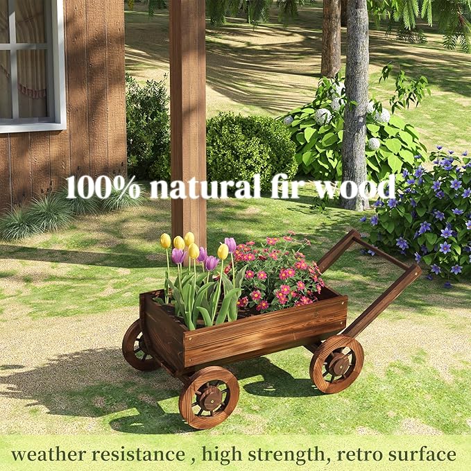 Wooden Wagon Garden Planter Cart with Wheels Rustic Flower Pot – Indoor Outdoor Patio Backyard Balcony Decor for Succulents, Flowers and Plants（Carbonized-L
